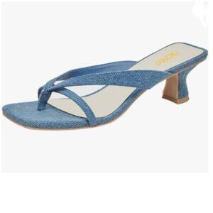 Pazzion Denim Blue Open Square Toe Kitten Heel Flip Flop Sandals Slip On Slipper